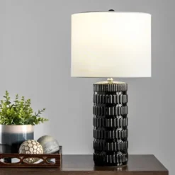 Kirkland's Home Black Ceramic Stacked Lines Table Lamp- Table Lamps