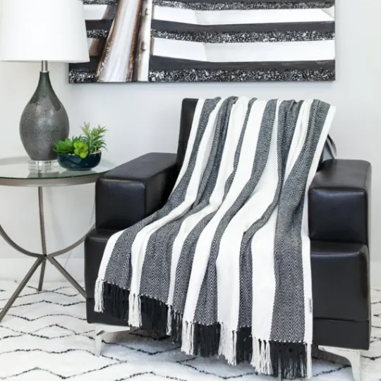 Kirkland's Home Black Chalet Striped Fringe Throw- Blankets & Throws