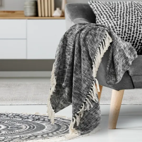 Kirkland's Home Black Chambray Fringe Throw- Blankets & Throws