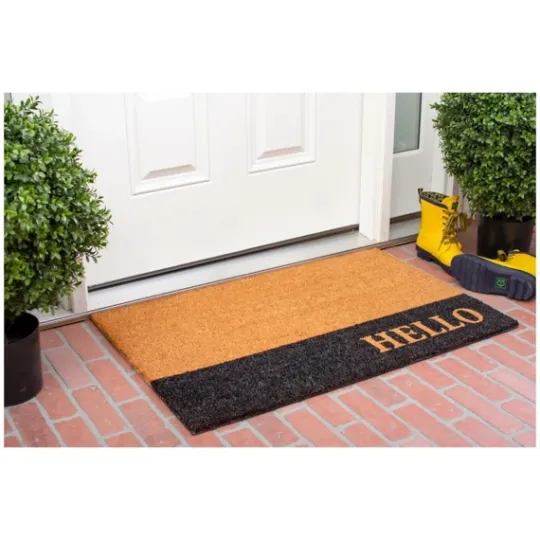 Kirkland's Home Black Hello Bold Stripe Coir Doormat, 30 In.- Doormats