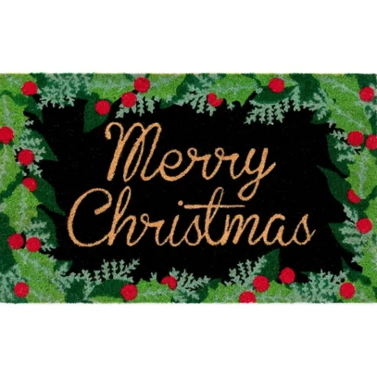 Kirkland's Home Black Holly Merry Christmas Doormat- Doormats