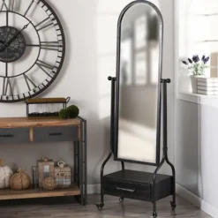 Kirkland's Home Black Metal Cheval Frame Mirror With Drawer- Full Length & Floor Mirrors