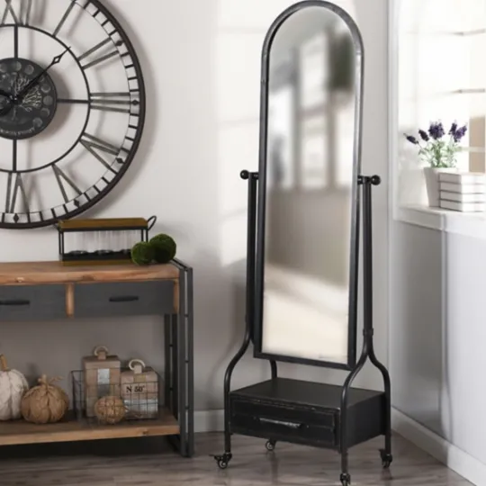 Kirkland's Home Black Metal Cheval Frame Mirror With Drawer- Full Length & Floor Mirrors