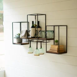 Kirkland's Home Black Metal Cubed Wood With Wine Bar- Shelves