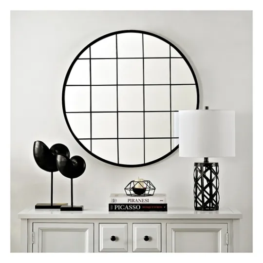 Kirkland's Home Black Metal Grid Frame Round Wall Mirror- Decorative Mirrors