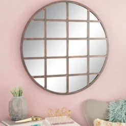 Kirkland's Home Black Metal Grid Overlay Round Mirror- Decorative Mirrors