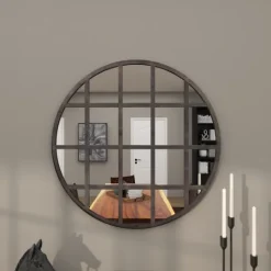Kirkland's Home Black Metal Grid Overlay Round Mirror- Decorative Mirrors