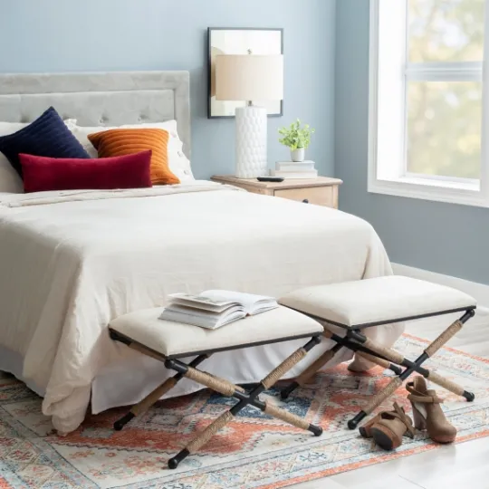Kirkland's Home Black Metal Legs Accent Stool With Rope Detail- Benches & Ottomans