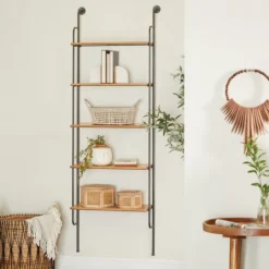 Kirkland's Home Black Metal Pipe Frame Brown Wood Wall Shelf- Shelves