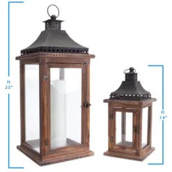 Kirkland's Home Black Metal Top Wood Lanterns, Set Of 2- Lanterns