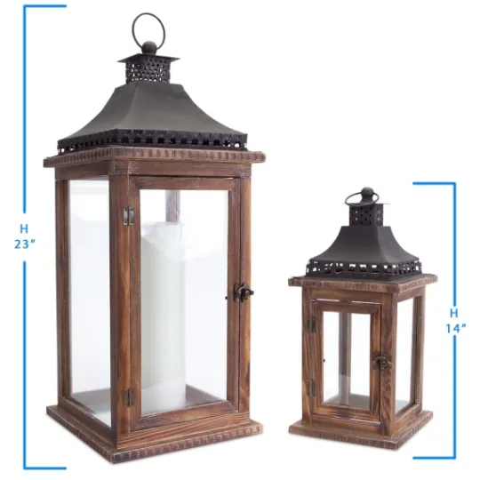 Kirkland's Home Black Metal Top Wood Lanterns, Set Of 2- Lanterns
