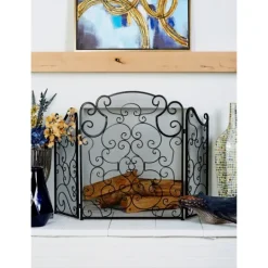 Kirkland's Home Black Metallic Scroll Three-Panel Fire Screen- Fireplace Accessories