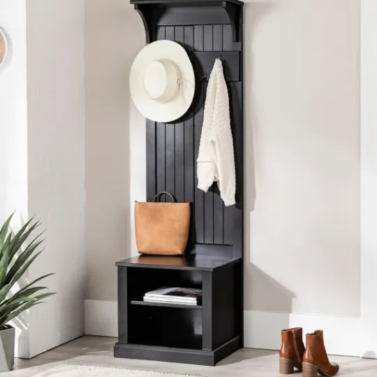 Kirkland's Home Black Pine Wood Grooved Hall Tree- Entryway Furniture