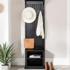 Kirkland's Home Black Pine Wood Grooved Hall Tree- Entryway Furniture