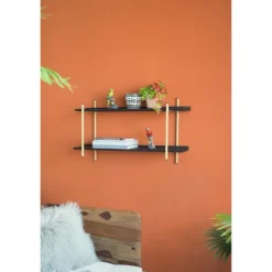 Kirkland's Home Black Rattan Wrapped Double Tiered Wall Shelf- Shelves