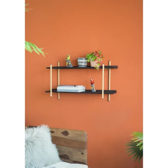 Kirkland's Home Black Rattan Wrapped Double Tiered Wall Shelf- Shelves