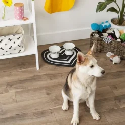 Kirkland's Home Black Striped Heart Pet Bowl Mat- Kitchen & Floor Mats