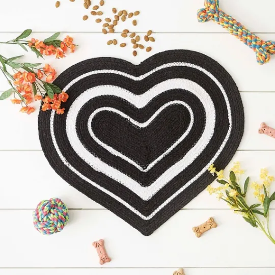 Kirkland's Home Black Striped Heart Pet Bowl Mat- Kitchen & Floor Mats