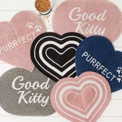 Kirkland's Home Black Striped Heart Pet Bowl Mat- Kitchen & Floor Mats