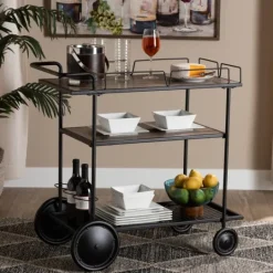 Kirkland's Home Black 3-Tier Industrial Bar Cart- Kitchen Islands & Bar Carts