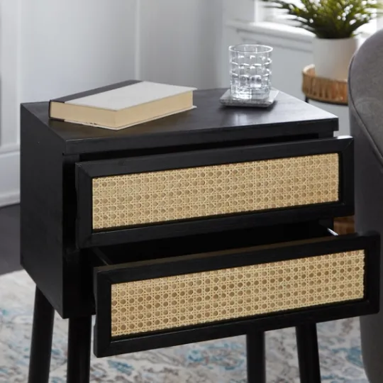 Kirkland's Home Black Two-Drawer Rattan Front Accent Table- Accent & End Tables
