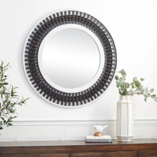 Kirkland's Home Black White Distressed Wood Rope Fiber Wall Mirror- Decorative Mirrors