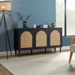 Kirkland's Home Black Wood And Cane Arched Sideboard Cabinet- Cabinets & Sideboards