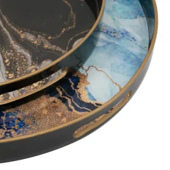 Kirkland's Home Blue And Gray Round Abstract Trays, Set Of 2- Decorative Trays