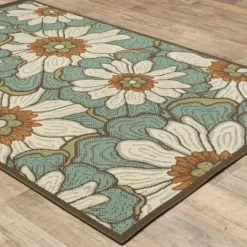 Kirkland's Home Blue And Ivory Flowers Outdoor Area Rug, 3X5- Outdoor Rugs
