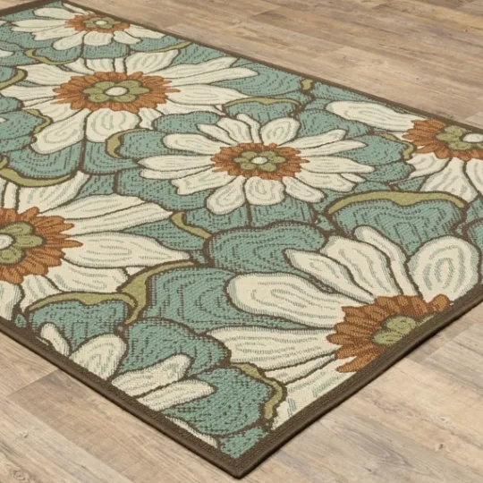 Kirkland's Home Blue And Ivory Flowers Outdoor Area Rug, 3X5- Outdoor Rugs