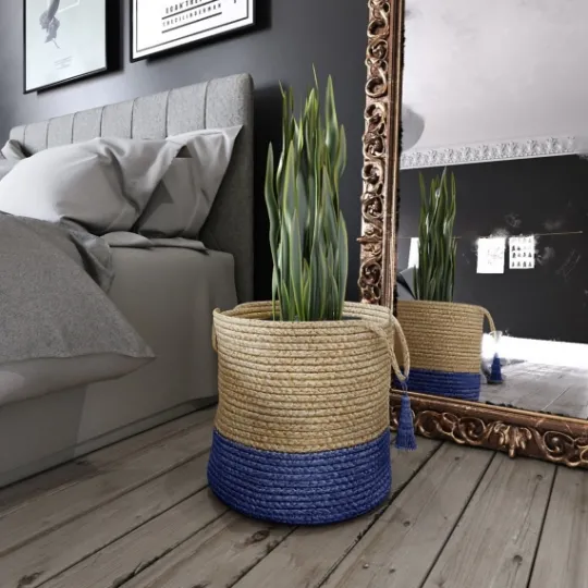 Kirkland's Home Blue And Tan Woven Jute Basket With Tassel, 17 In.- Baskets & Boxes