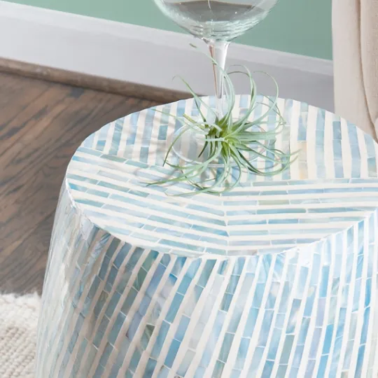 Kirkland's Home Blue And White Mosaic Capiz Shell Drum End Table- Accent & End Tables