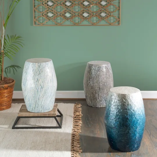 Kirkland's Home Blue And White Mosaic Capiz Shell Drum End Table- Accent & End Tables