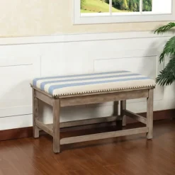 Kirkland's Home Blue And White Striped Upholstered Wood Bench- Benches & Ottomans
