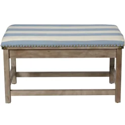 Kirkland's Home Blue And White Striped Upholstered Wood Bench- Benches & Ottomans