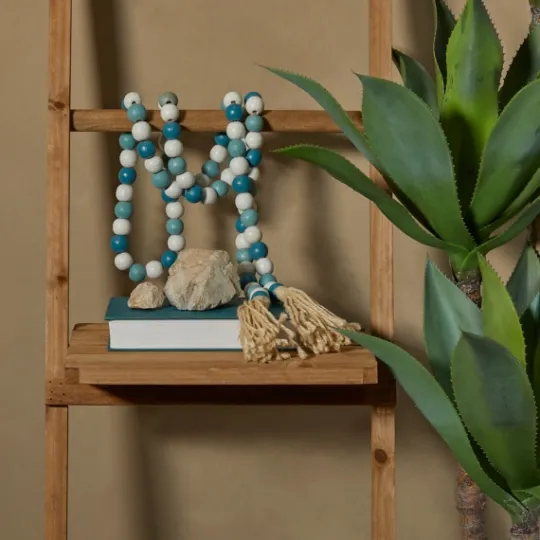 Kirkland's Home Blue And White Wood Beaded Tassel Garland- Decorative Accents