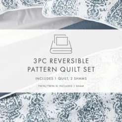 Kirkland's Home Blue Damask Reversible 3-Pc. King Quilt Set- Quilts