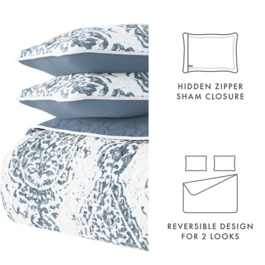 Kirkland's Home Blue Damask Reversible 3-Pc. Queen Quilt Set- Quilts