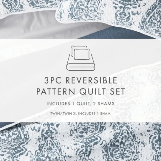 Kirkland's Home Blue Damask Reversible 3-Pc. Queen Quilt Set- Quilts