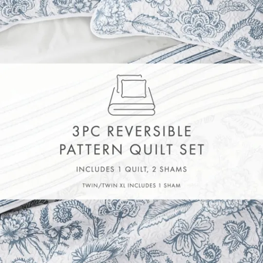 Kirkland's Home Blue Jacobean Reversible 3-Pc. King Quilt Set- Quilts