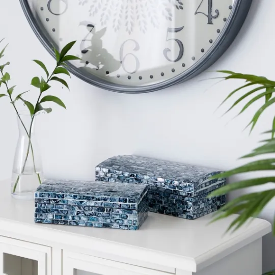 Kirkland's Home Blue Mother Of Pearl Coastal Boxes, Set Of 2- Baskets & Boxes