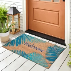 Kirkland's Home Blue Palm Fronds Welcome Coir Doormat- Doormats