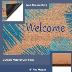Kirkland's Home Blue Palm Fronds Welcome Coir Doormat- Doormats