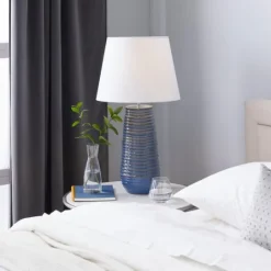 Kirkland's Home Blue Ribbed Stoneware Table Lamp- Table Lamps