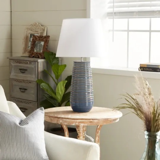 Kirkland's Home Blue Ribbed Stoneware Table Lamp- Table Lamps