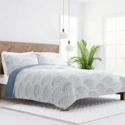 Kirkland's Home Blue Scalloped Reversible 3-Pc. Queen Quilt Set- Quilts
