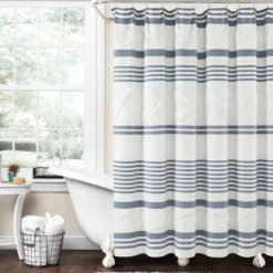 Kirkland's Home Blue Stripe Diamond Tufted Shower Curtain- Shower Curtains