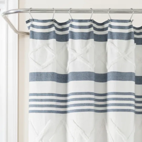 Kirkland's Home Blue Stripe Diamond Tufted Shower Curtain- Shower Curtains