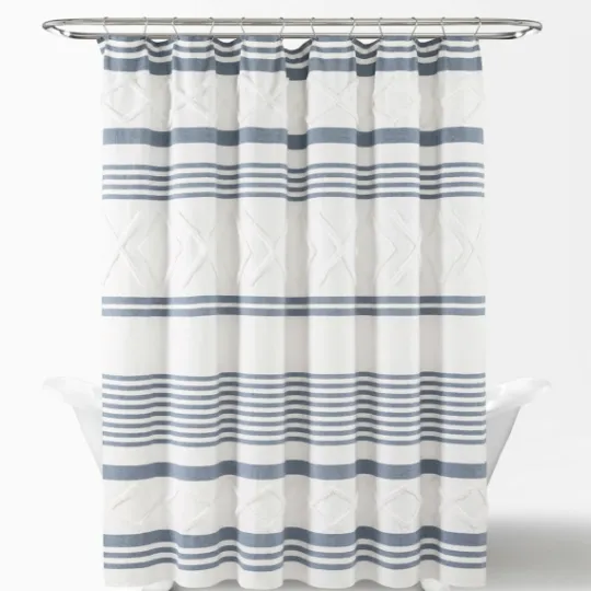 Kirkland's Home Blue Stripe Diamond Tufted Shower Curtain- Shower Curtains