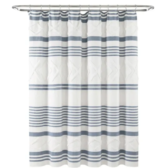 Kirkland's Home Blue Stripe Diamond Tufted Shower Curtain- Shower Curtains